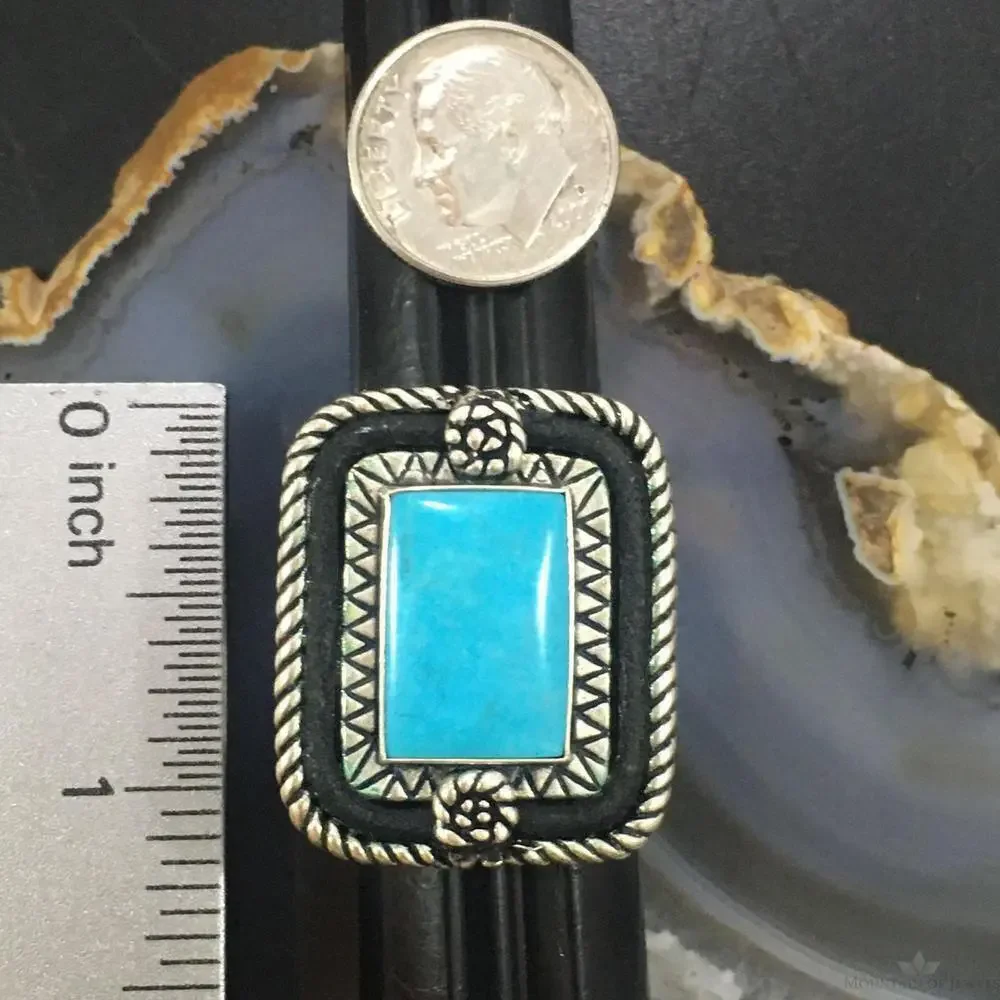 Carolyn Pollack Sterling Rectangle Turquoise Decorated Ring Size 8 For Women